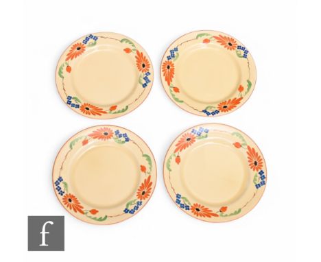 Dolly Cliff - Sandflower - A set of four dinner plates circa 1929, hand painted with a stylised floral band with orange bandi