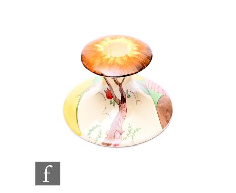 Clarice Cliff - Spire - A shape 310 candlestick circa 1935, hand painted with a stylised country&nbsp;landscape with church s