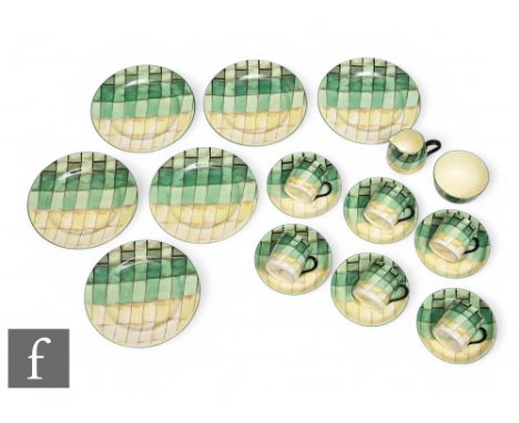 Crown Staffordshire - An Art Deco coffee set, circa 1930, decorated with bands of graded green to yellow and graded black tre