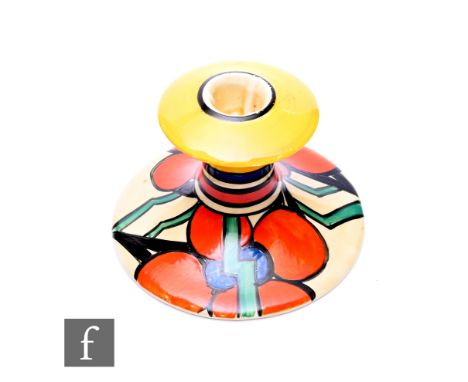 Clarice Cliff - Red Picasso Flower - A shape 310 candlestick circa 1930, hand painted with stylised flowers with green angula