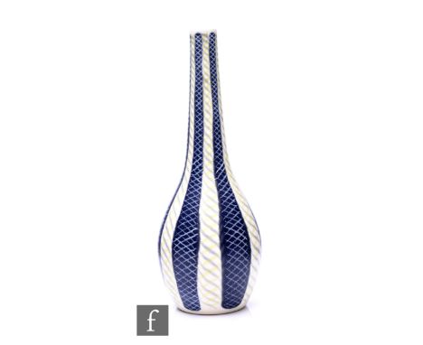 Poole Pottery - A Freeform vase of bottle form, alternating radiating panels of hatched white over blue, and grey and yellow,