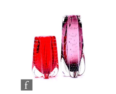 Geoffrey Baxter - Whitefriars - Two post war controlled bubble lobbed vases, pattern number 9778, in Aubergine, height 20cm, 
