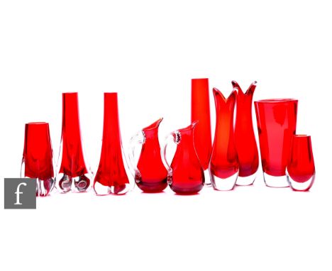 Geoffrey Baxter - Whitefriars - A group of post war vases and jugs in Ruby colour including two beak vases, two elephant foot