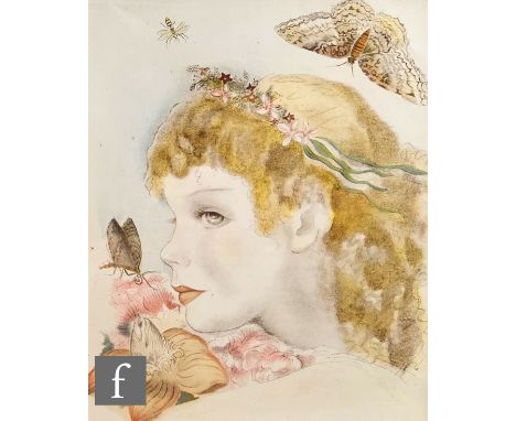 Mariette Lydis (Austria, 1887–1970) - Portrait of a young girl in profile with flowers in her hair, lithograph, framed, 23cm 