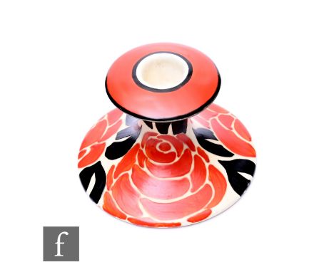 Clarice Cliff - Latona Red Roses - A shape 310 candlestick circa 1929, hand painted with stylised red roses with black leaves