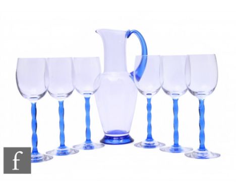 Gunnar Cyren - Orrefors - A contemporary Nobel range wine carafe jug with clear body and blue handle and circular foot, heigh