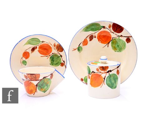 Clarice Cliff &amp; Dolly Cliff - Beech Leaves - A conical shape teacup, saucer and matched side plate all hand painted with 