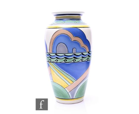 Karen Brown - Poole Studio Pottery - An 'Old Harry' pattern vase of slender ovoid form, dated 1999, height 26cm.