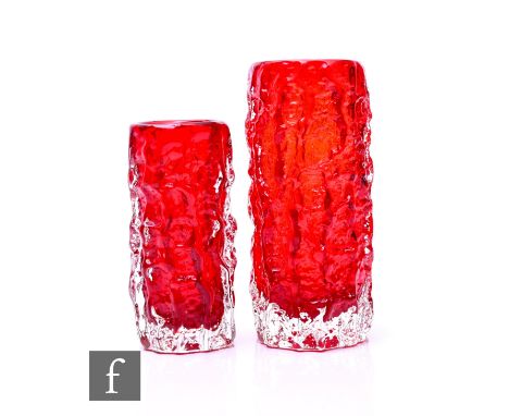 Geoffrey Baxter - Whitefriars - Two post war Textured range Bark vases in Ruby, pattern number 9690, height 19cm, and pattern