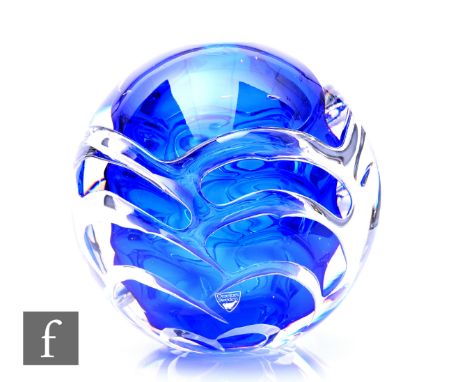 Lars Hellsten - Orrefors - A Contemporary Ariel glass spherical vase with abstract design over a blue core, engraved signatur