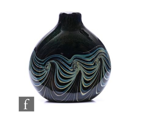 Peter Layton - A contemporary studio glass vase of compressed ovoid form with shallow collar neck, decorated with tonal blue 