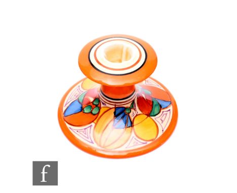 Clarice Cliff - Melon - A shape 310 candlestick circa 1930, hand painted with a band of abstract fruit with brown, black and 