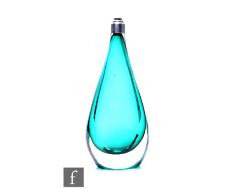 Geoffrey Baxter - Whitefriars - A post war tear drop shape glass table lamp base in teal green with lamp fitting to top, heig