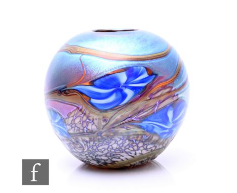 Richard P. Golding - Station Glass - A contemporary studio glass vase, of squat ovoid form, decorated with large blue and whi