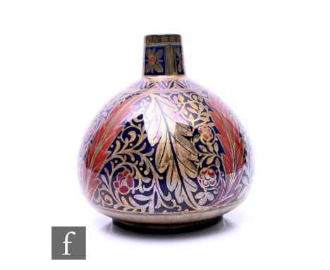 William S Mycock - Pilkington Royal Lancastrian - A lustre foliate patterned vase, circa 1922, of gourd form with raised tape