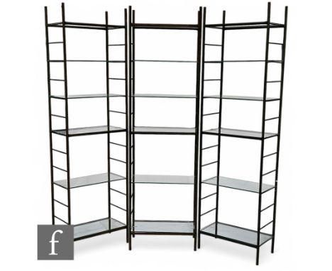 Unattributed Maker - Three 1960s industrial tubular steel display shelving racks in a black painted finish, with additional s