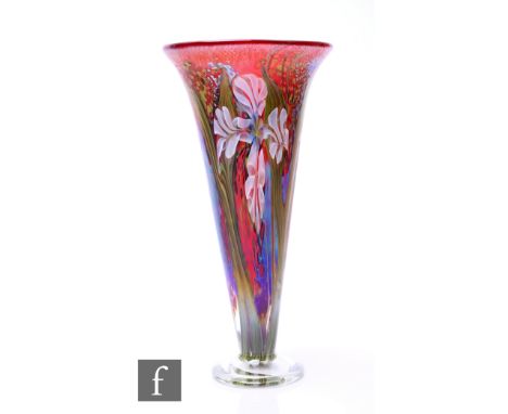 Richard P. Golding - Station Glass - A contemporary studio glass Jubilee Vase, of tall footed flared form, decorated with thr