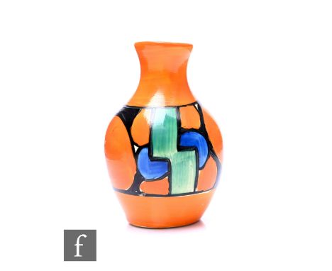 Clarice Cliff - Orange Picasso Flower - A shape 177 salesman's miniature trade sample vase circa 1930, hand painted with abst