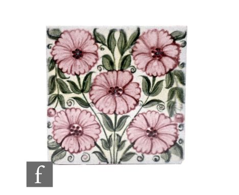William De Morgan - Sands End Pottery - A 6 inch plastic clay tile, circa 1888, decorated in the Bedford Park Anemone pattern