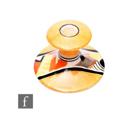 Clarice Cliff - Xavier - A shape 310 candlestick circa 1930, hand painted with an abstract panel with black borders and stipp