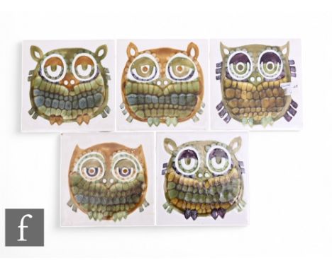 Clive Simmonds - Intaglio Designs/Hereford Tiles - A set of five 6 inch dust pressed Danish Owl tiles, stylized birds in tona