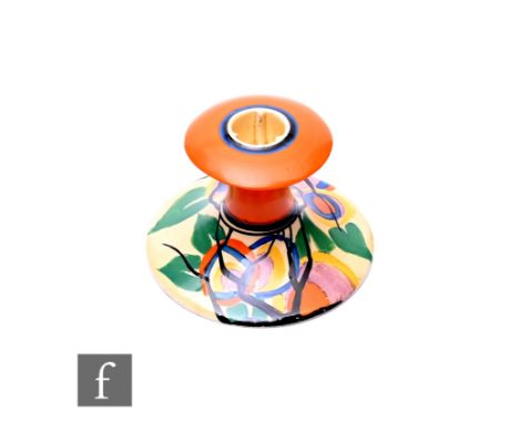 Clarice Cliff - Circle Tree (RAF Tree) - A shape 310 candlestick circa 1930, hand painted with a stylised tree with orange, b