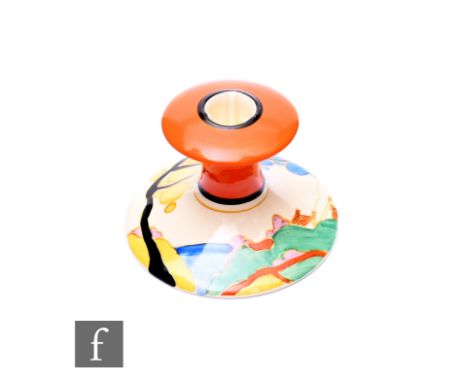 Clarice Cliff - Seven Colour Secrets - A shape 310 candlestick circa 1932, hand painted with a stylised coastal tree and cott