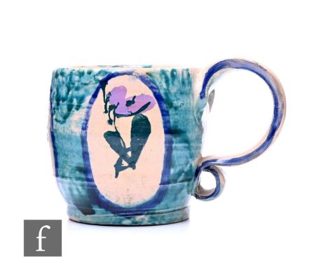 Quentin Bell - Fulham Pottery - A painted pottery mug of barrel form with loop handle, decorated with stylized flowers in ova