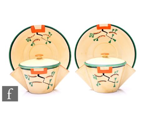 Clarice Cliff - Ravel - A pair of Conical shape twin handle covered soup bowls and saucers circa 1931,&nbsp;hand painted with