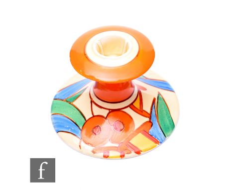 Clarice Cliff - Bobbins - A shape 310 candlestick circa 1931, hand painted with stylised leaves and bobbin reels with orange 