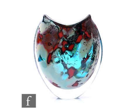 Peter Layton - A contemporary studio Lagoon design glass vase of compressed ovoid form with shaped rim, decorated with red sp