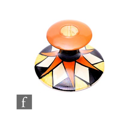 Clarice Cliff - Original Bizarre - A shape 310 candlestick circa 1929, hand painted with repeat triangles in orange, black an