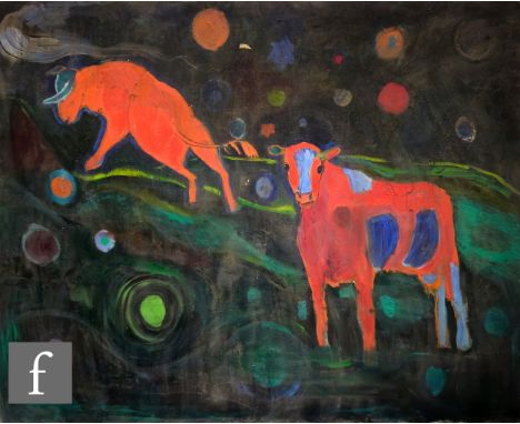 Robert Whitehouse (1950-2024) - after Franz Marc - Polka Dot Pastures of Ruby Herds, oil on canvas, unsigned, unframed, 122cm
