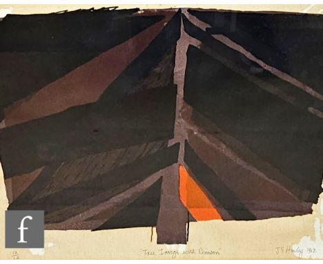 J. S. Hawley (20th Century) - 'Tree Image With Crimson', lithograph, signed and titled in pencil, numbered 12/12, framed, 41c