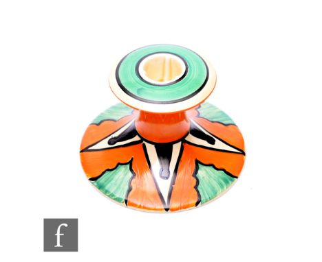 Clarice Cliff - Keyhole - A shape 310 candlestick circa 1930, with a repeat black Keyhole pattern with orange and green panel
