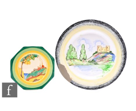 Clarice Cliff - Secrets - A small octagonal side plate circa 1933, hand painted with a stylised tree and cottage landscape wi