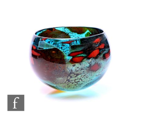 Peter Layton - A contemporary studio glass bowl in Lagoon design of ovoid form, decorated with red spotting and opal fissurin
