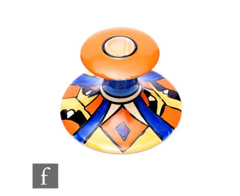 Clarice Cliff - Diamonds - A shape 310 candlestick circa 1930, hand painted with a repeat abstract panel design with diamond 