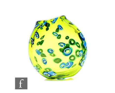 Bob Crooks - A contemporary glass Hula vase of compressed ovoid form with spaced light blue murrine cane design on green grou