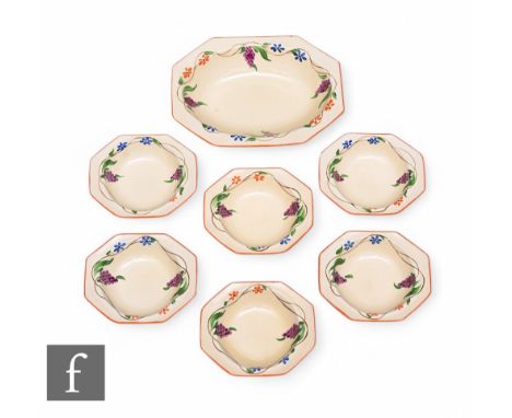 Dolly Cliff - Grapes - A seven piece dessert service circa 1928, comprising one large serving bowl and six smaller octagonal 
