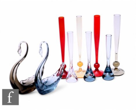 Whitefriars - A group of post war flower vases, pattern number 9485, in ruby, amber and twilight colours, three bud vases wit
