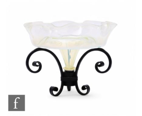 Harry Powell - James Powell and Sons, Whitefriars - An Arts and Crafts straw opal glass vase on wrought stand, circa 1880, th