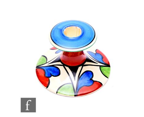 Clarice Cliff - Double V - A shape 310 candlestick circa 1930, hand painted with repeat chevrons and stylised leaves with bla