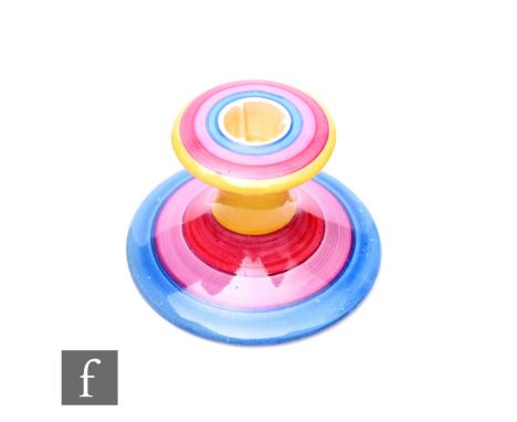 Clarice Cliff - Banded (Liberty Stripe) - A shape 310 candlestick circa 1933, hand painted with bands of colour in blue, pink