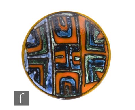 Angela Wyburgh - Poole Pottery - A Delphis pattern dish, of footed circular form, outlined geometric forms in tonal blue and&