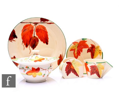 Clarice Cliff &amp; Dolly Cliff - Maple Leaf - A conical shape cup and saucer, Stamford shape sugar bowl and large plate circ
