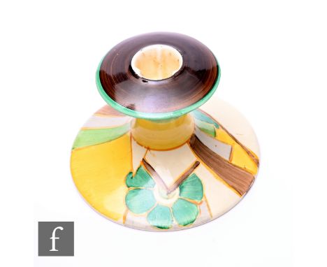 Clarice Cliff - Moonflower - A shape 310 candlestick circa 1932, hand painted with a flower and abstract stepped block design