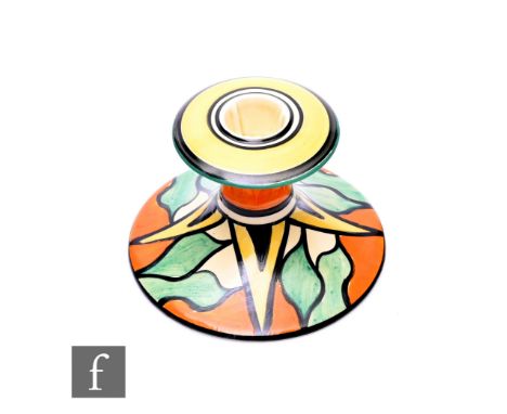Clarice Cliff - Double V (Whisper Variant) - A shape 310 candlestick circa 1930, hand painted with repeat chevrons and stylis