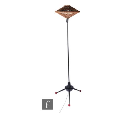 Unattributed Maker - A mid century Sputnik atomic standard lamp, the three spreading supports, terminating at red ball finial