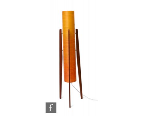 Attributed to Novoplast - A 1960s cylindrical rocket floor lamp, the orange spun acrylic shade raised to three teak supports,